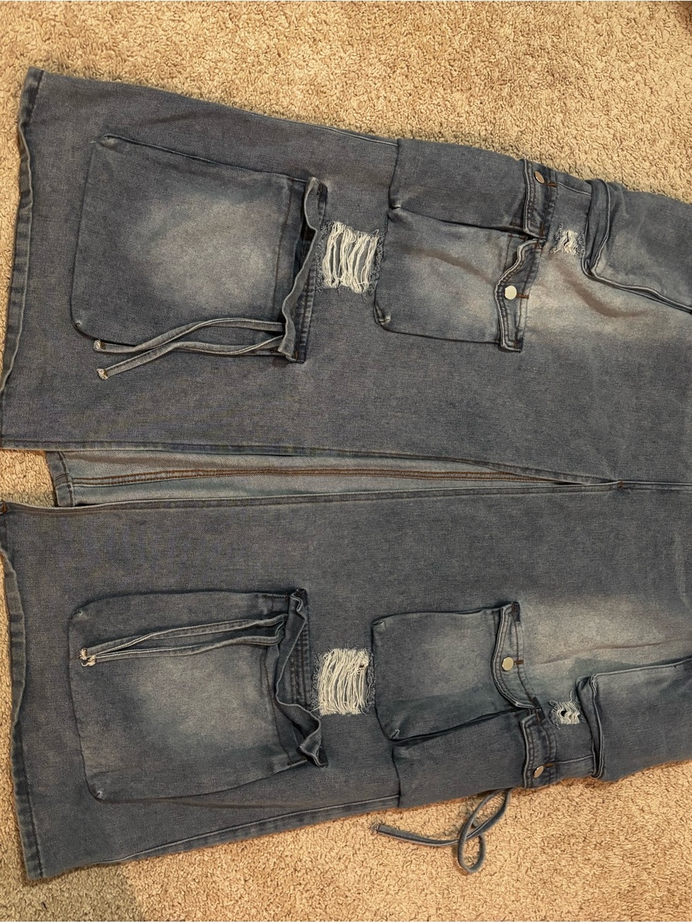 Women's Distressed Cargo Leggings - Faded Blue